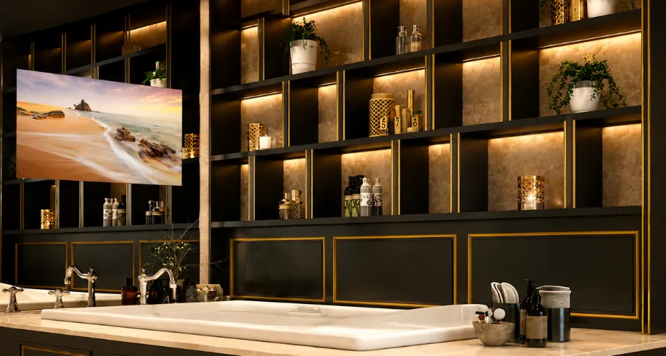 A mirror tv beside bathtub