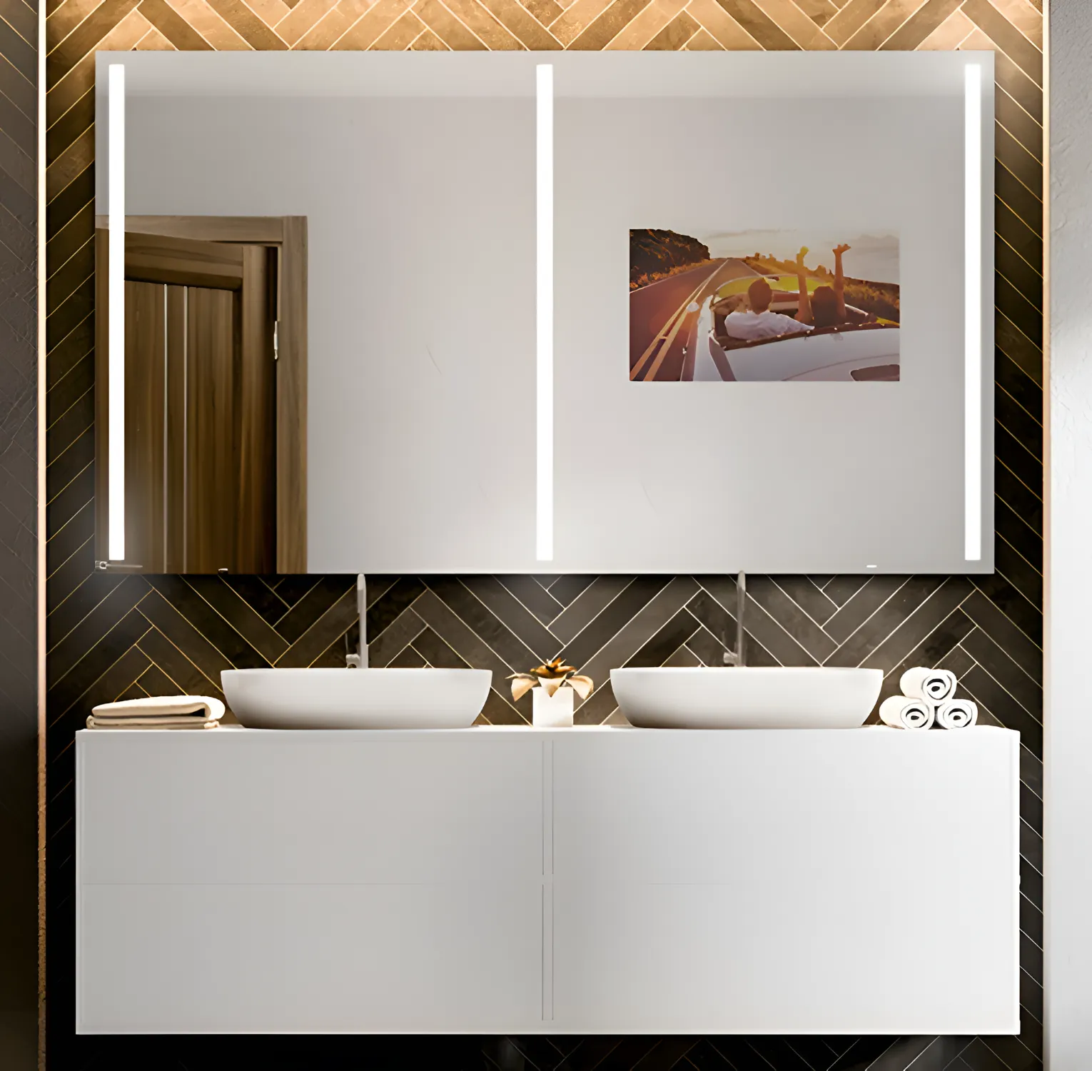 A double sink featuring a mirror with an integrated TV on the wall.