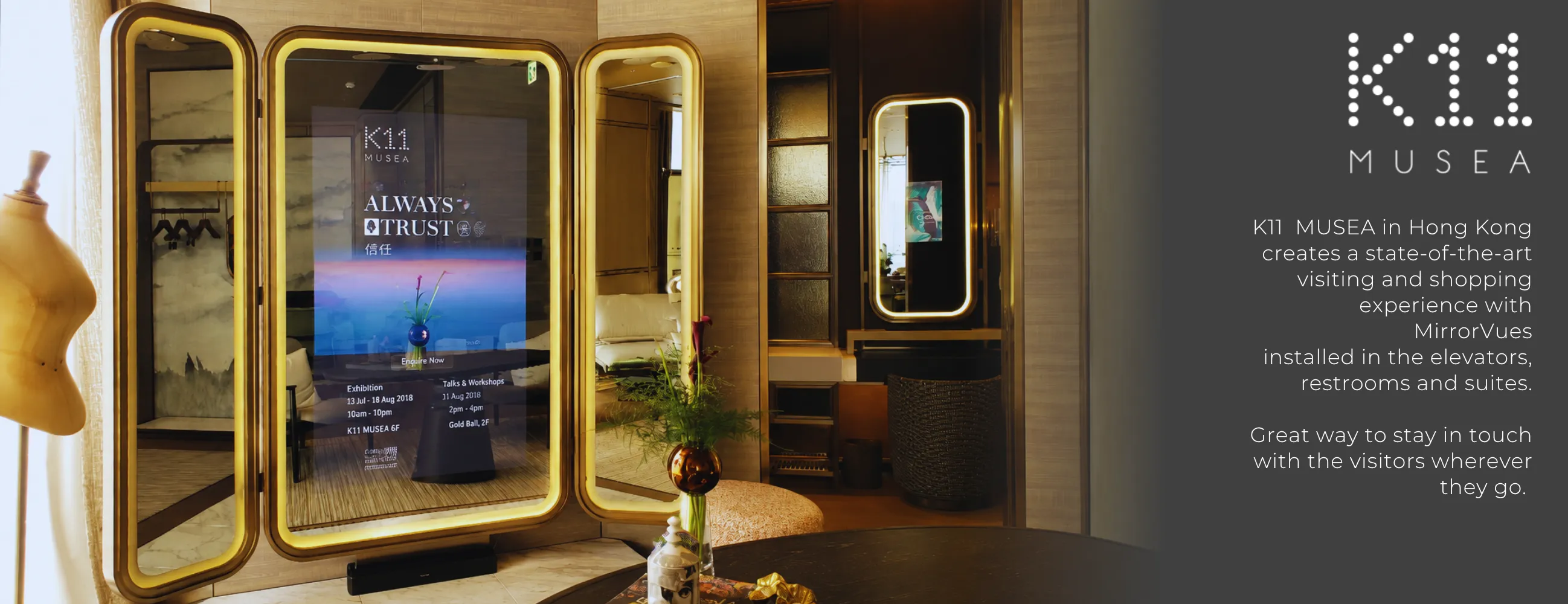 Two custom-shaped backlit mirror TV, installed on a wooden wall in K11 Musea.