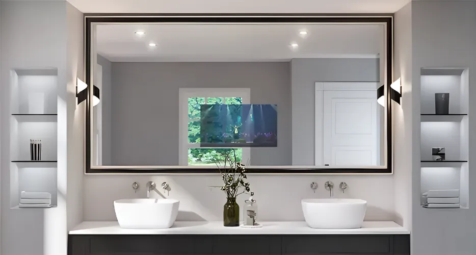 Modern bathroom mirror beside the bathtub